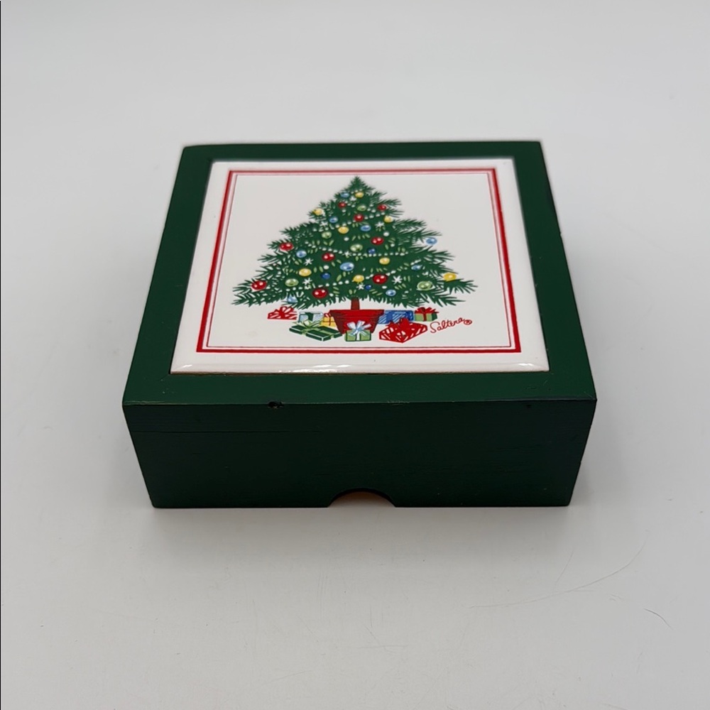 VINTAGE SET (4) SALTERA TILE COASTERS IN HINGED BOX SEASON'S GREETINGS BY HIMARK